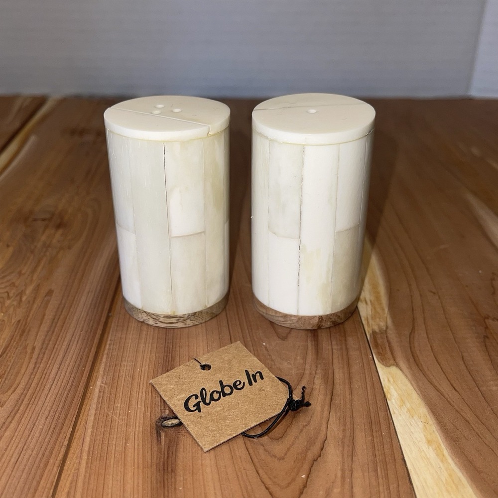 New WOOD WITH BONE WRAPPED SALT AND PEPPER SHAKERS  Globe in